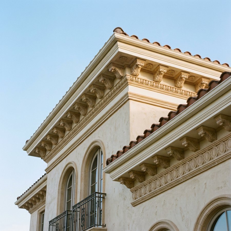 CLADECO® cornice installed along a villa roofline
